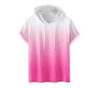 AMhomely Mens Short Sleeve Hoodies Gradient Print Tops Loose Casual Hooded Tees Shirts Drawstring Round Neck Digital Gradation Pullover Fitness Sports Hooded Shorts Sleeves T Shirt Blouse Pink XL
