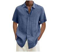 AMhomely Men's Short Sleeve Shirt Cotton Linen Regular Fit Casual Summer Beach Shirt Solid Color Loose Fit Shirts Lapel Button Down Fancy Shirts Tops Summer Casual Linen Plus Size Blue XL