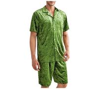 AMhomely Men's Silk Satin Pyjamas Set Button Down Nightwear Short Sleeve Sleepwear 2 Pieces Loungewear with Shorts Elegant Leaf Satin Nightwear Classic Night Dress Sleeping Suit Pjs Green XL