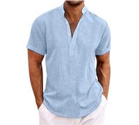 AMhomely Mens T-Shirts Shirt For Men Black Plus Size Short Sleeve Beach Shirts Baggy Hawaiian Shirts V Neck Oversized Casual Pullover Shirts Plain Summer Tops Holiday Light Blue XL