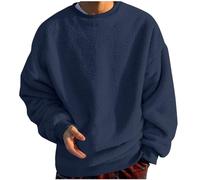 AMhomely Mens Teddy Fleece Shirt Plus Size long Sleeve Shirts Crewneck Double Pullover Tops Plain Fuzzy Jumpers Casual Warm Winter Undershirts Thermal T Office Work Loungwear Navy M