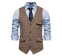 AMhomely Mens Tweed Waistcoat UK Vintage Checked Blazer Vest Formal Classic Plaid Waistcoat Herringbone V Neck Vest Tailored Fit Gilet Business Casual Dress England Style Suit Khaki XXL