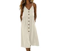 AMhomely Midi Pleated Dresses for Women - Dresses to Hide Tummy,Adjustable Straps,Cotton,Comfort Breathable,Elegant Going Out Sundress with Pocket,for Office Work Holiday Vacation Beach A White M