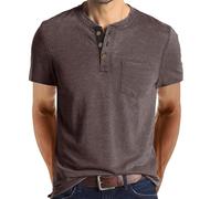 AMhomely Muscle Fit Henley Tops Men Summer Short Sleeve Tees Comfort Cotton Button Collar Tshirts Solid Classic Basic Tops Vintage Gym Workout Pullover Shirts Fitness 02 Coffee XXL