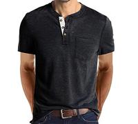 AMhomely Muscle Fit Henley Tops Men Summer Short Sleeve Tees Comfort Cotton Button Collar Tshirts Solid Classic Basic Tops Vintage Gym Workout Pullover Shirts Fitness 03 Dark Grey L