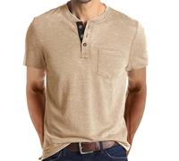 AMhomely Muscle Fit Henley Tops Men Summer Short Sleeve Tees Comfort Cotton Button Collar Tshirts Solid Classic Basic Tops Vintage Gym Workout Pullover Shirts Fitness 02 Beige M