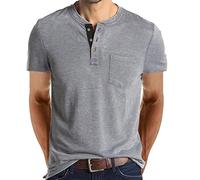 AMhomely Muscle Fit Henley Tops Men Summer Short Sleeve Tees Comfort Cotton Button Collar Tshirts Solid Classic Basic Tops Vintage Gym Workout Pullover Shirts Fitness 03 Grey S