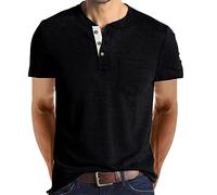 AMhomely Muscle Fit Henley Tops Men Summer Short Sleeve Tees Comfort Cotton Button Collar Tshirts Solid Classic Basic Tops Vintage Gym Workout Pullover Shirts Fitness 03 Black XL