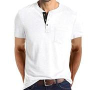 AMhomely Muscle Fit Henley Tops Men Summer Short Sleeve Tees Comfort Cotton Button Collar Tshirts Solid Classic Basic Tops Vintage Gym Workout Pullover Shirts Fitness 03 White L