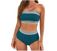 AMhomely My Order Bandeau Tankini Swimwear Women UK 2 Piece Swimsuit for Women 2025 High Waisted Tummy Control Color Block Bikini Set Swimwear Beach Holiday Swimming Costume 02 Sky Blue L