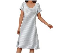AMhomely Night Dress with Built in Bra Plus Size Dressing Gown Short Sleeve Stripe Pajamas Dress Nightdress Casual Slip Sleepwear Casual Loose Pullover Nightshirt Comfy Nighties Grey 4XL