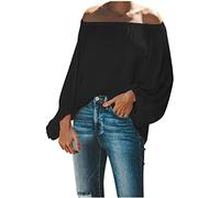 AMhomely Off Shoulder Tops Gypsy Style Plus Size Elegant Tunic Tops Lantern Sleeve Dress Blouse Solid Loose Fit Pullover Tops Blouse Sexy Boat Neck Tee Shirts Peplum Tops Party Going Out Tops Black L