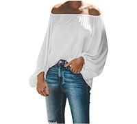AMhomely Off Shoulder Tops Gypsy Style Plus Size Elegant Tunic Tops Lantern Sleeve Dress Blouse Solid Loose Fit Pullover Blouse Sexy Boat Neck Tee Shirts Peplum Party Going Out White M