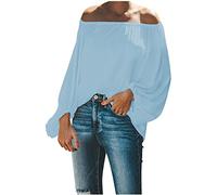 AMhomely Off Shoulder Tops Gypsy Style Plus Size Elegant Tunic Tops Lantern Sleeve Dress Blouse Solid Loose Fit Pullover Blouse Sexy Boat Neck Tee Shirts Peplum Party Going Out Sky Blue XL