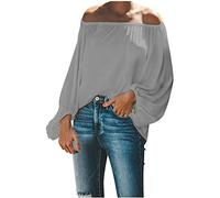 AMhomely Off Shoulder Tops Gypsy Style Plus Size Elegant Tunic Tops Lantern Sleeve Dress Blouse Solid Loose Fit Pullover Blouse Sexy Boat Neck Tee Shirts Peplum Party Going Out Grey L