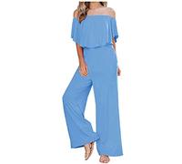 AMhomely Off The Shoulder Jumpsuit For Women Uk Elegant Playsuit Sleeveless Casual Romper Trousers Solid Ruffle Overalls Trousers Baggy Beach Jumpsuits Party Dungarees Holiday Vacation Light Blue XL