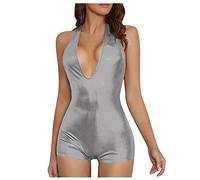 AMhomely One-Piece Outfit for Petite Jumpsuits for Short Women Ladies Bodysuit Underwear Plus Size Keyhole Neck Bodycon Romper Shorts Sleeveless Halter Playsuits Slim Fit Backless Jumpsuits Silver S