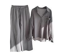 AMhomely Outfits For Women Party Plus Size Casual 2 Piece Sets Long Sleeve Blouse Trousers Suit Button Down Shirts Wide Legs Pants Office Sets Comfort Flowy Lounge Suits Ladies Beach Grey 4XL