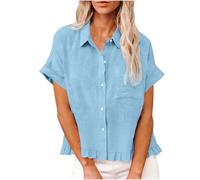 AMhomely Oversized Blouses for Women-Ladies Cotton Linen Short Sleeve Tops,Turndown Collar Ruffle Tunic Shirts,Loose Solid Pullover Tees Tunic Tops,Holiday Vacation Going Out A Light Blue S
