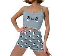AMhomely Pajama Set Shorts Women I Love Sleep Pjs Sets Sleeveless Crop Tops Plaid Shorts Sets Y2K Vintage Letter Print Vest Tops Tracksuit Ruffle Elastic Waisted Sleepwear Loungewear Grey XL