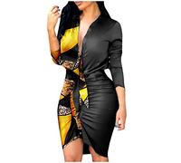 AMhomely Party Bodycon Dress for Women 3/4 Sleeve Tie Shirt Dresses Ladies Low Cut Shirt Sheath Dress Sexy for Women Going Out Cocktail Clubbing Dresses