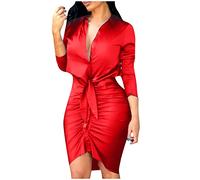 AMhomely Party Bodycon Dress for Women 3/4 Sleeve Tie Shirt Dresses Ladies Low Cut Shirt Sheath Dress Sexy for Women Going Out Cocktail Clubbing Dresses C-red