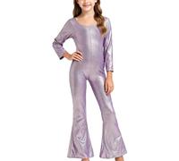 AMhomely Party Jumpsuits for Girls-Kids Teens Metallic Disco Funky Dance Costume,Long Sleeve Overalls Flared Wide Leg Trousers,Full Length Unitard 70s Hippie Dress Up A Purple 14-15 Years