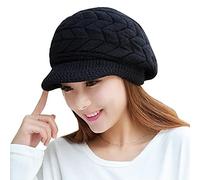 AMhomely Peaked Beret Women's Newsboy Cap Bakerboy Cabbie Flat Cap Visor Cable Chunky Knitted Hats Baggy Baker Boy Crochet Warm Ski Hat Black One Size