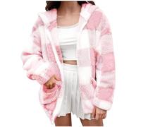 AMhomely Plaid Hooded Jacket Women Plus Size Checked Hoodies Sweatshirts With Pocket Drawstring Casual Teddy Fleece Coats Sportswear Casual Fluffy Jacket Outwear Loose Fit Shaggy Coats Pink L