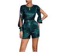 AMhomely Playsuit for Women UK Elegant Sparkling Jumpsuit Keyhole Neck Tunic Overalls Shorts Dolid Sequin Romper Shorts Crewneck Slim Fit Short Leg Playsuits Clubbwear Bodycon Jumpsuits Green XL