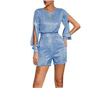 AMhomely Playsuit for Women UK Elegant Sparkling Jumpsuit Keyhole Neck Tunic Overalls Shorts Dolid Sequin Romper Shorts Crewneck Slim Fit Short Leg Playsuits Clubbwear Bodycon Jumpsuits Sky Blue S