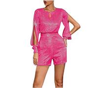 AMhomely Playsuit for Women UK Elegant Sparkling Jumpsuit Keyhole Neck Tunic Overalls Shorts Dolid Sequin Romper Shorts Crewneck Slim Fit Short Leg Playsuits Clubbwear Bodycon Jumpsuits Hot Pink XL