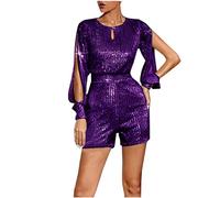 AMhomely Playsuit for Women UK Elegant Sparkling Jumpsuit Keyhole Neck Tunic Overalls Shorts Dolid Sequin Romper Shorts Crewneck Slim Fit Short Leg Playsuits Clubbwear Bodycon Jumpsuits Purple L
