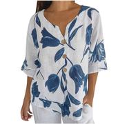 AMhomely Plus Size Blouse for Women Vintage Floral Shirts Summer Ladies Tops Mid Sleeve Tunic Tops with Buttons Front V Neck Pullover Loose Breath Tees Shirts Elegant Casual Trendy White L