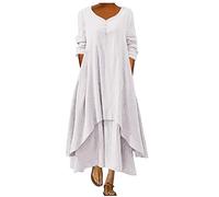 AMhomely Plus Size Boho Maxi Dresses Ladies Linen Summer Dresses Plus Size Long Sleeve Lagenlook Dress Elegant Party Casual V Neck A-line Tea Plain Baggy Holiday White L