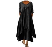 AMhomely Plus Size Boho Maxi Dresses Ladies Linen Summer Dresses Plus Size Long Sleeve Lagenlook Dress Elegant Party Casual V Neck A-line Tea Plain Baggy Holiday Black M