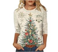 AMhomely Plus Size Christmas Tee Shirts Women-Crewneck Xmas Tops 3/4 Sleeve Tshirt,Round Neck,Xmas Tree,Santa Claus,Snowflake,Reindeer,Dwarf,Festive Party Dressy Tops AK Beige S