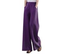 AMhomely Plus Size Linen Trousers for Women 20-22 UK Cotton Linen Pants Women Summer Wide Leg Trousers with Pocket Drawstring Elastic Waisted Work Baggy Palazzo Yoga Beach Purple M