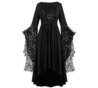 AMhomely Plus Size Medieval Renaissance Gothic Dress - Vintage Lace Bell Sleeve Evening Party Costume - Elegant High Low Waist Tie Swing Bouquet Dress Black S