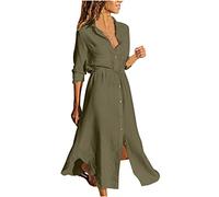 AMhomely Plus Size Shirt Dress for Women UK Cotton Linen Dress Button Down Beach Lapel Tunic Casual Plain Baggy Going Out Floaty Summer Office Work Army Green 4XL