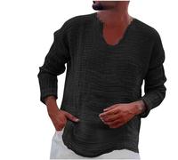 AMhomely Polos Shirts For Men Adult Men Shirts Long Sleeve Blue Solid Loose Beach Baggy Hawaiian V Neck Oversized Casual Pullover Plain Summer Tops Holiday Black 3XL
