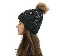 AMhomely Pom Pom Beanie Hat Women Winter Hat Knitted Beanies with Large Cap Leopard Knitted Skull Caps Button Casual Slouchy Hats Warm Windproof Caps Snowboard Hats Bobble Grey One Size