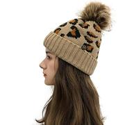 AMhomely Pom Pom Beanie Hat Women Winter Hat Knitted Beanies with Large Pom Pom Cap Leopard Knitted Skull Caps Button Casual Slouchy Hats Warm Windproof Caps Snowboard Hats Bobble Hats Khaki One Size