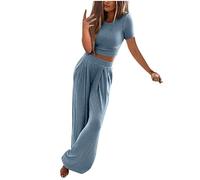AMhomely Ribbed Knitted Women 2 Piece Set Gym Crop Tank Tops Leggings Short Sleeve Summer Outfits Wide Legs Trousers Sets Co-Ords Set Knitted Outfits Ladies Casual Sets Holiday Vacation Blue L
