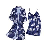 AMhomely Satin Nightdress and Gown Set for Women Pyjama Sets 2 Piece Camis Nightdresses Robe Suits Satin Floral Kimono Short Dressing Gown Wedding Negligee Nightdress