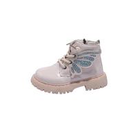 AMhomely Sequin Boots Girls-Lace Up Ankle Boots Girls,PU Leather,Sparkling Butterfly Patchwork,Side Zipper,No-Slip,Flatform Walking Shoes,Princess Shoes for School Party A White 1.5