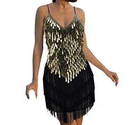 AMhomely Sequin Dress for Women UK Petite Ladies Bodycon Party Dresses Sexy Sequin Dresses Sleeveless Fringe Midi Dress Elegant Cocktail V Neck Wrap Glitter Prom Gold One Size