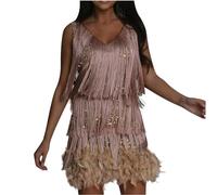 AMhomely Sequin Fringe Dresses for Women UK Ladies Flapper Fancy Dress Costume with Feather V Neck Sexy Wrap Dress Going Out Clubbing Dresses Mini Tassel Dance Evening Party Rose Gold L