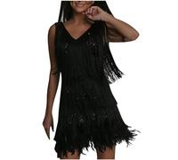 AMhomely Sequin Fringe Dresses for Women UK Ladies Flapper Fancy Dress Costume with Feather V Neck Sexy Wrap Dress Going Out Clubbing Dresses Mini Length Tassel Dance Evening Party Black S
