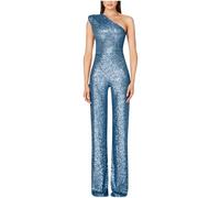 AMhomely Sequin Jumpsuit for Women UK Glitter Sparkling Jumpsuit One Shoulder Bodysuit Elegant Party Off Shoulder Romper Straight Leg Overalls Trousers Going Out Backless Playsuits Sky Blue XXL